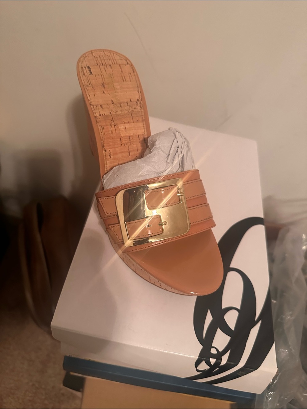Nine West Cognac Leather Slide with Gold Buckle
